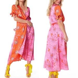 Never Fully Dressed Zsa Zsa Iris Floral Wrap Dress Midi Boho Pink/Orange Size 4